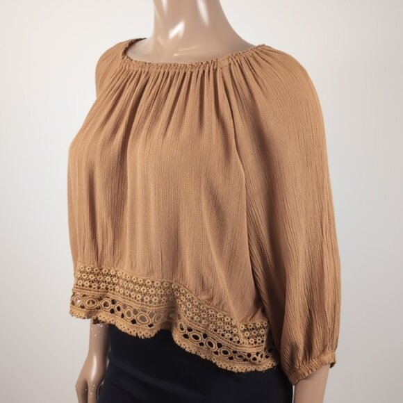 3/$20 Ardene Boho Peasant Top Off Shoulder Long Sleeve Tan Crochet Trim Blouse - Picture 5 of 12